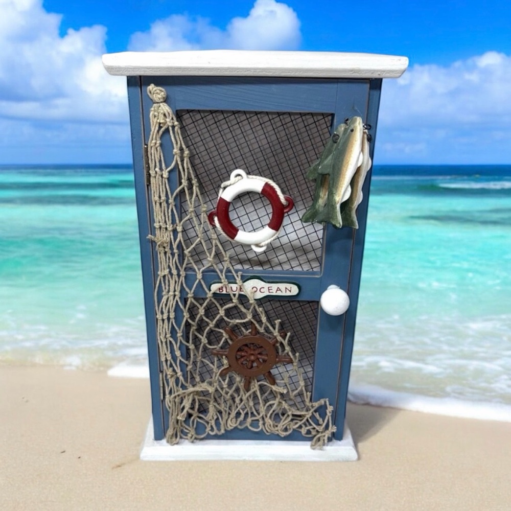 Nautical Blue Ocean Free Standing Cubby Cabinet Shelf Decor Fish Boathouse Cabin